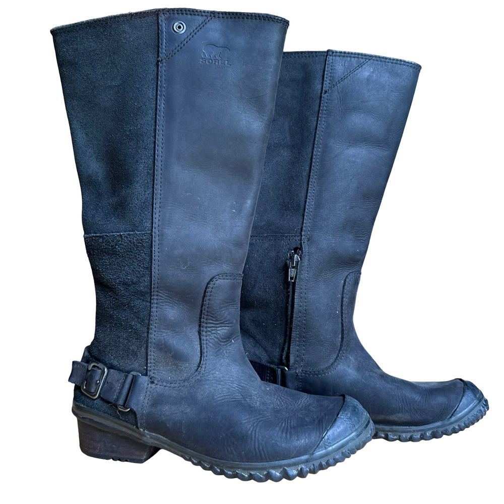 Sorel Slimboot Tall Black Oiled Leather Suede Side Zip Winter Boots Shoes sz 8